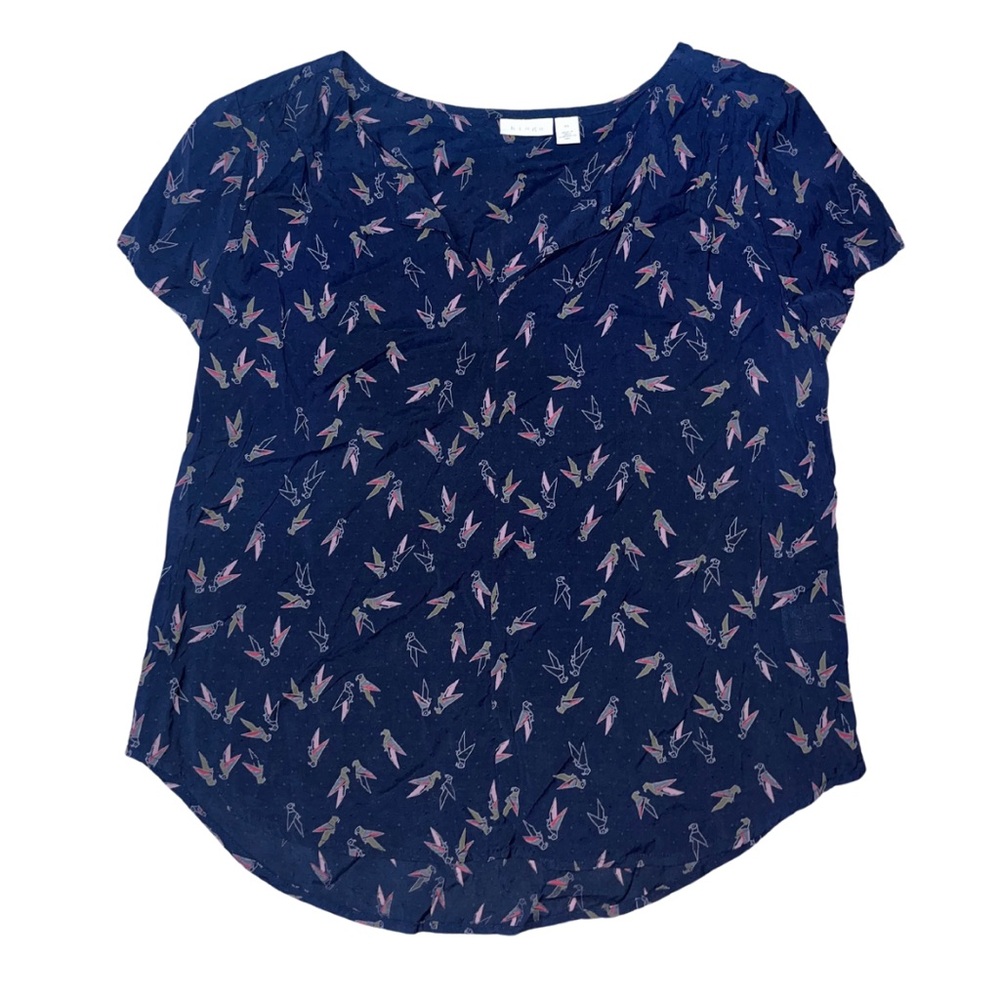 Hinge Navy V-Neck Bird Anthropology Med Blouse